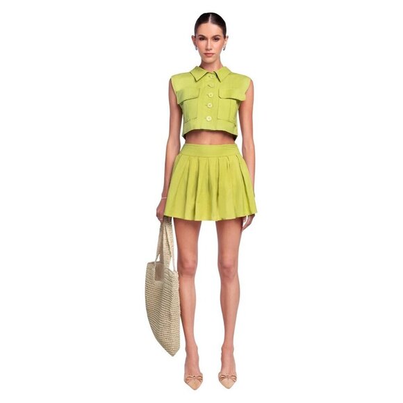 OW Collection Mira Boxy Vest & Pleats Skirt Set Moss Womens Size Small - Picture 4 of 12